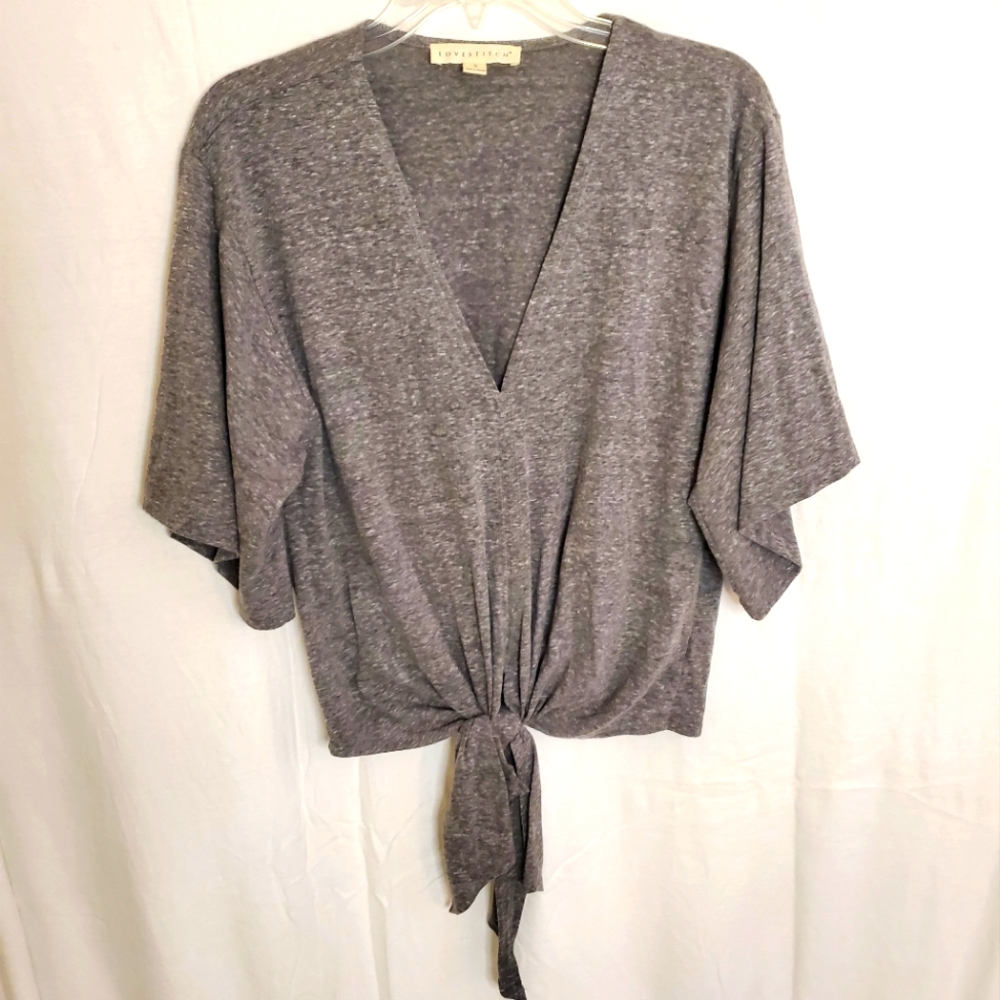Small Lovestich gray top with tie front detail